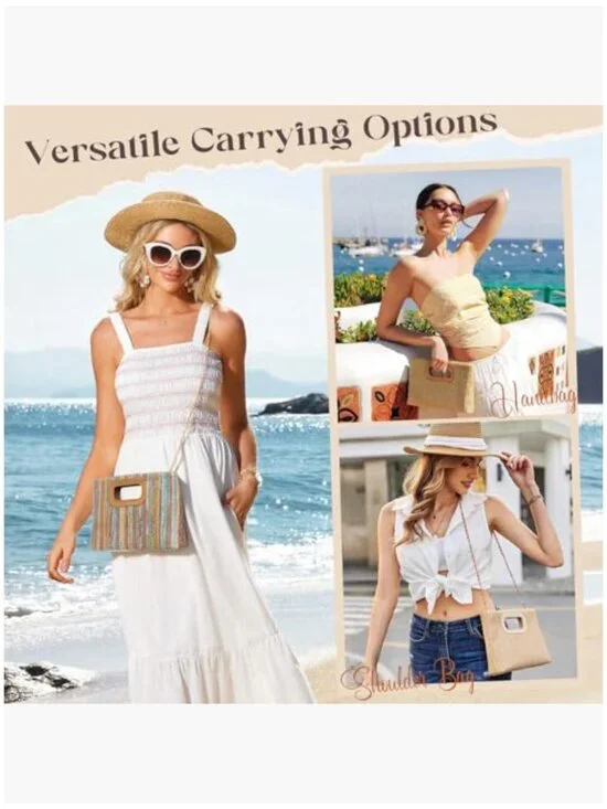 Woven Straw Clutch Purse with Detachable Chain Strap, Polyester and PU Leather - Picture 2 of 7